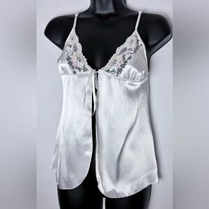 NWT Y2K Eva Show Vintage Ivory Satin Lace Sequin Open Tie Camisole